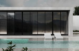Minimalist modern white house exterior with swimming pool terrace