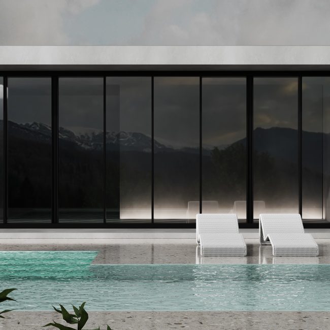 Minimalist modern white house exterior with swimming pool terrace
