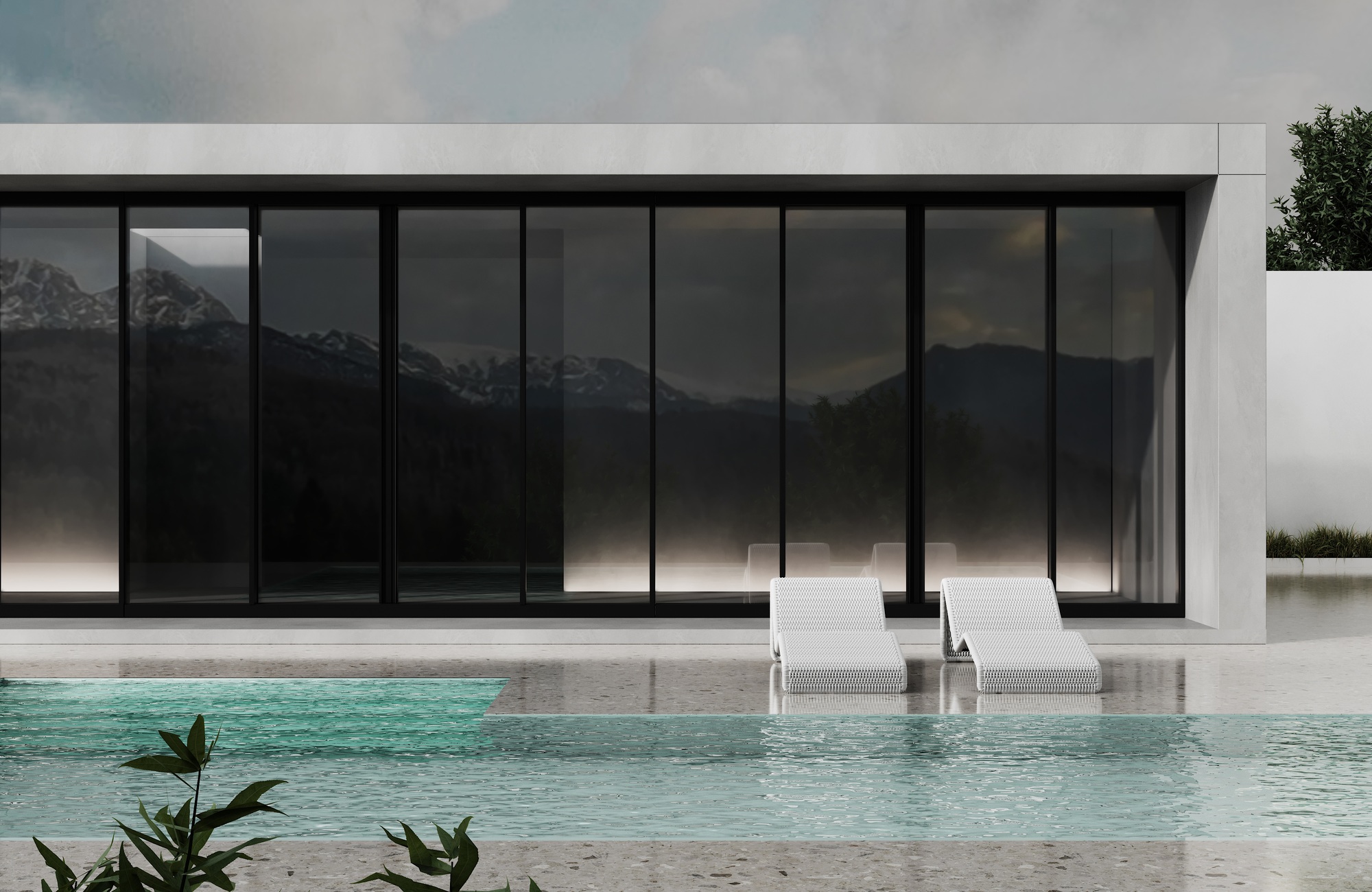 Minimalist modern white house exterior with swimming pool terrace